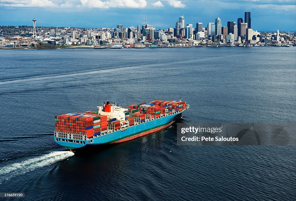 Aerial view of container ship, Seattle, Washington State, USA