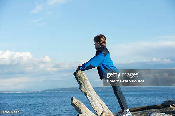 young boy looking out from bainbridge island, washington state, usa - fleece stockfoto's en -beelden