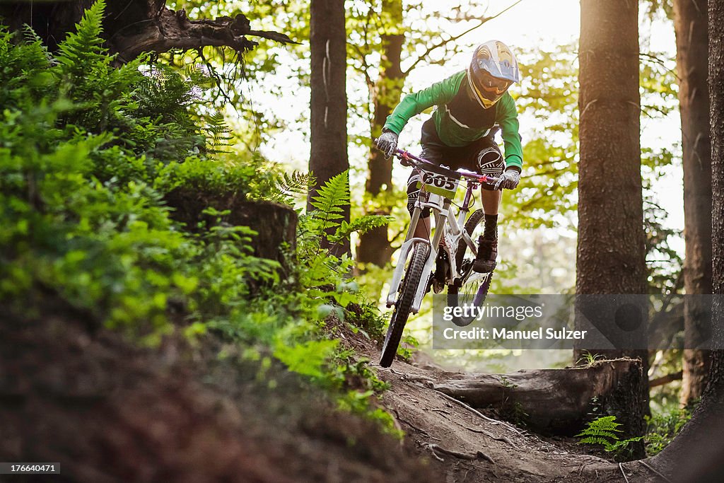 Mountain biker riding through woods