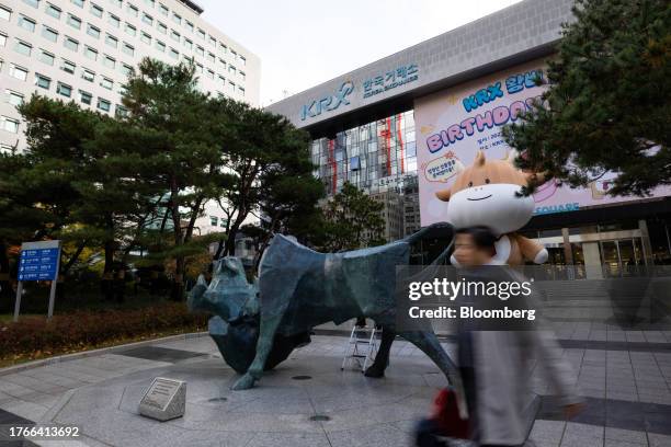 Statue of bull in front of the Korea Exchange in Seoul, South Korea, on Monday, Nov. 6, 2023. South Korean stocks surged after regulators reimposed a...