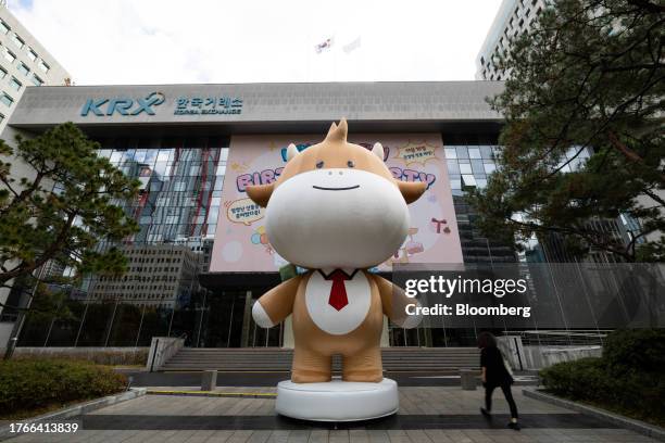 Doll of bull in front of the Korea Exchange in Seoul, South Korea, on Monday, Nov. 6, 2023. South Korean stocks surged after regulators reimposed a...