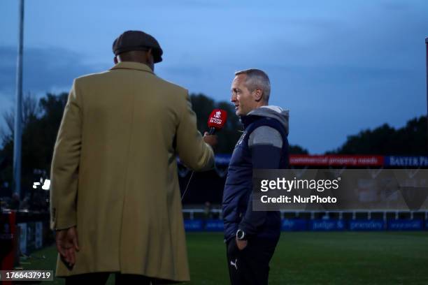 Neil Critchley manager of Blackpool is interviewed by Dion Dublin during the FA Cup First Round match between Bromley and Blackpool at Hayes Lane,...