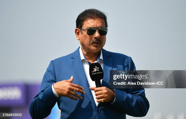 Commentator Ravi Shastri looks on ahead of the ICC Men's Cricket World Cup India 2023 between Pakistan and Bangladesh at Eden Gardens on October 31,...