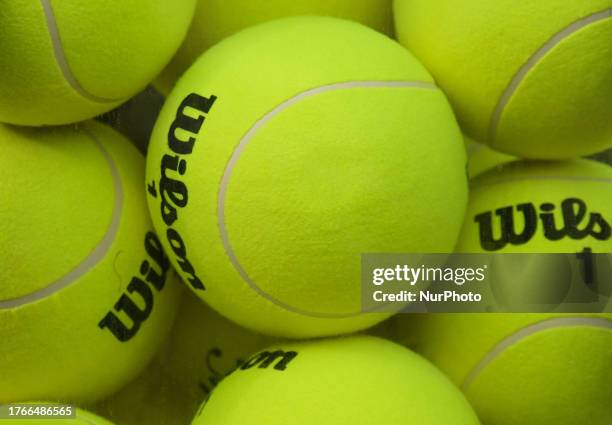 Basket full of Wilson tenn is balls, on Day 8 of GNP Seguros WTA Finals Cancun 2023, part of the Hologic WTA Tour, on November 5 in Cancun, Quintana...