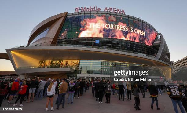An exterior view shows T-Mobile Arena as it opens to fans before a game between the Montreal Canadiens and the Vegas Golden Knights on October 30,...