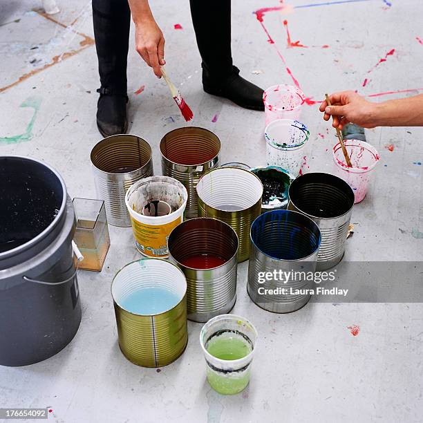 painting paint buckets and brushes - low section stock pictures, royalty-free photos & images