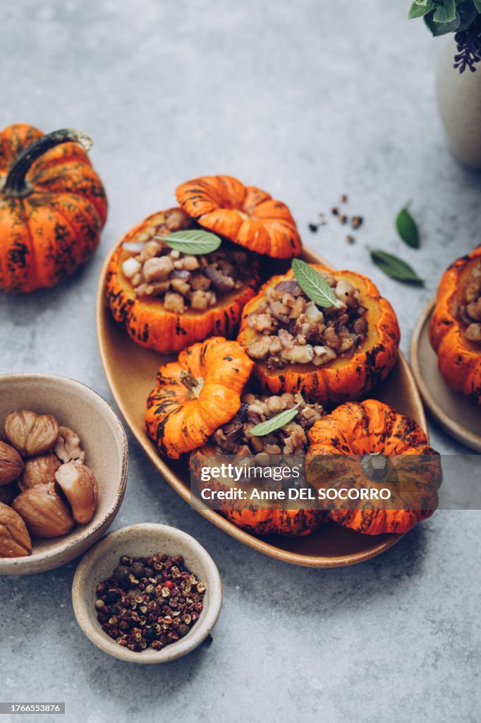 Stuffed pumpkin roasted with chestnut and onion jack be little