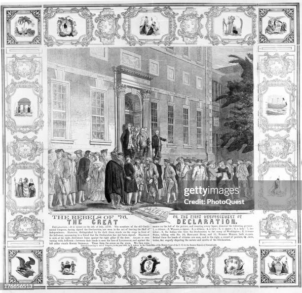 The members of the old Continental Congress, having signed the Declaration of Independence are seen in the act of leaving the Hall of Independence,...