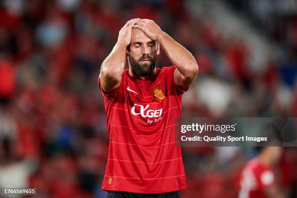 Vedat Muriqi of RCD Mallorca reacts during the LaLiga EA Sports match between RCD Mallorca and Getafe CF at Estadi de Son Moix on October 28, 2023 in...