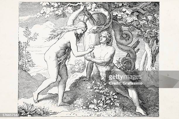 eve offering apple to adam in garden eden - temptation of eve stock illustrations