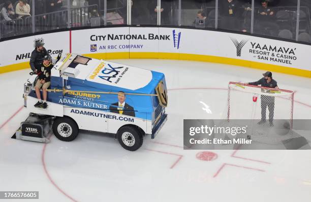 Richard Crossley operates a Zamboni ice resurfacer in the rink before a game between the Montreal Canadiens and the Vegas Golden Knights at T-Mobile...
