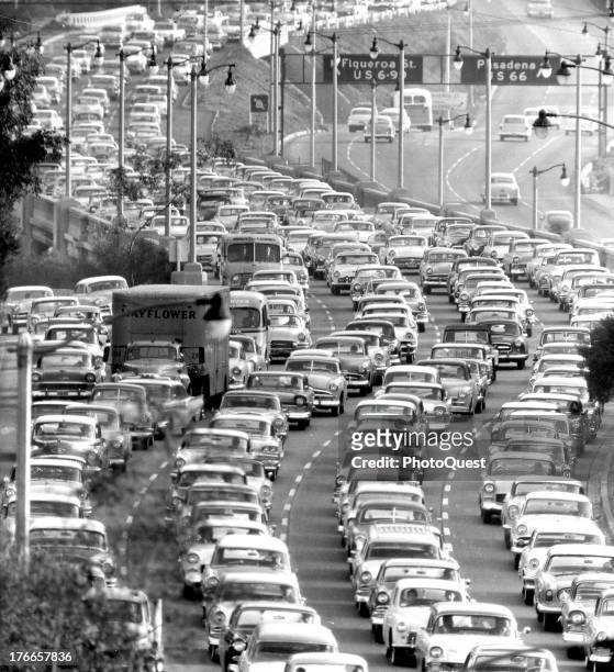 View of traffic snaking along on the Pasadena Freeway in California, January 1958.