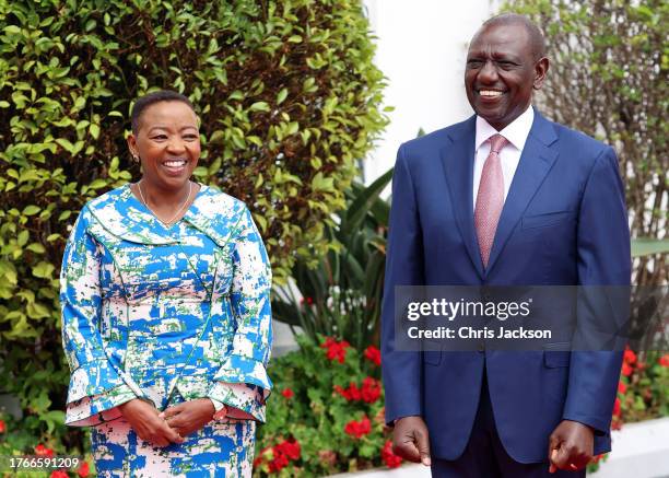 President of the Republic of Kenya, William Ruto, and the First Lady of the Republic of Kenya, Rachel Ruto wait for the arrival of Queen Camilla and...