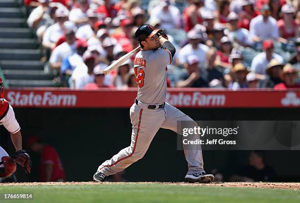 Chris Snyder of the Baltimore Orioles bats against the Los Angeles Angels of Anaheim at Angel Stadium of Anaheim on May 4, 2013 in Anaheim,...