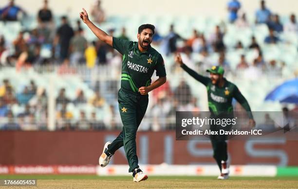 Haris Rauf of Pakistan celebrates the wicket of Mushfiqur Rahim of Bangladesh during the ICC Men's Cricket World Cup India 2023 between Pakistan and...