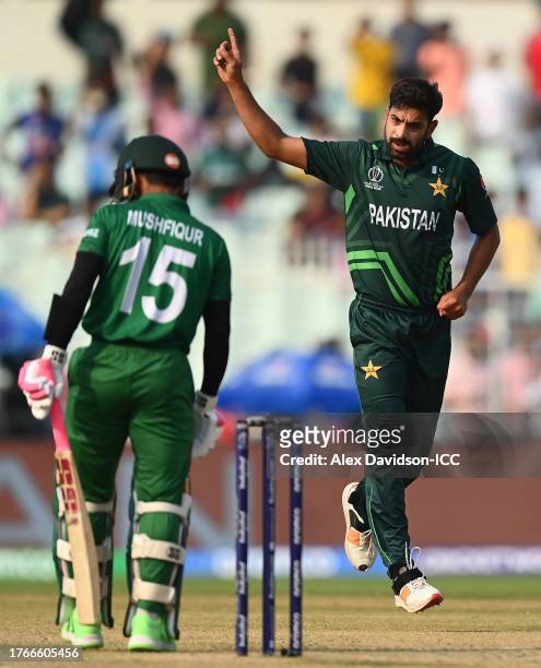 Haris Rauf of Pakistan celebrates the wicket of Mushfiqur Rahim of Bangladesh during the ICC Men's Cricket World Cup India 2023 between Pakistan and...
