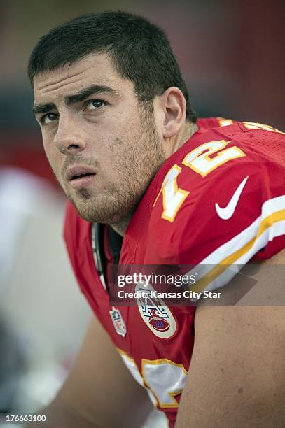 Kansas City Chiefs offensive tackle Eric Fisher watches the scoreboard in preseason action against the San Francisco 49ers on Friday, August 16 at...