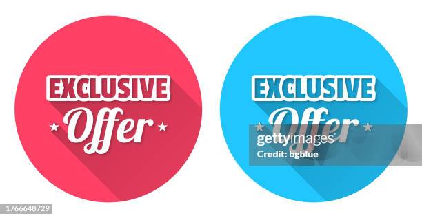 illustrazioni stock, clip art, cartoni animati e icone di tendenza di offerta esclusiva. icona rotonda con ombra lunga su sfondo rosso o blu - esclusivo
