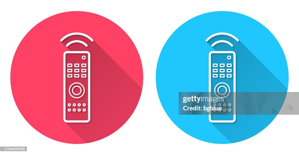 Remote control. Round icon with long shadow on red or blue background