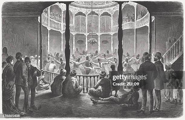 whirling dervishes in cairo, by theodor meyer, published in 1871 - sufi whirling stock illustrations