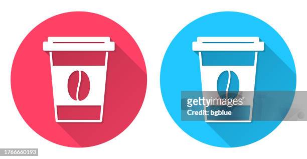 disposable cup of coffee. round icon with long shadow on red or blue background - coffee take away cup simple stock illustrations