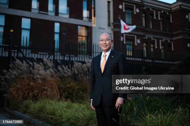 Ambassador Extraordinary and Plenipotentiary of Japan to Ukraine Matsuda Kuninori stands in front of new office of Embassy of Japan on October 23,...