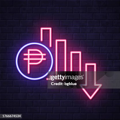 Peso rate decrease. Glowing neon icon on brick wall background Peso rate decrease. Glowing neon icon on brick wall background