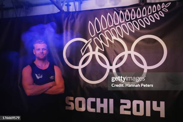 Byron Wells models the uniform during the New Zealand Olympic Committee uniform launch on August 17, 2013 in Queenstown, New Zealand.