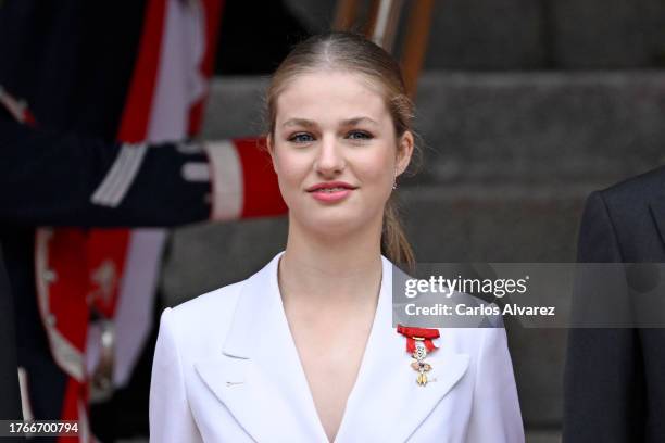 Crown Princess Leonor of Spain arrives for the ceremony of Crown Princess Leonor swearing allegiance to the Spanish constitution at the Spanish...