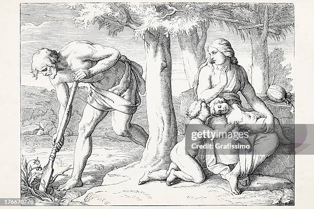 adam arbeiten abend mit ihren kindern cain und abel - adam bibelfigur stock-grafiken, -clipart, -cartoons und -symbole