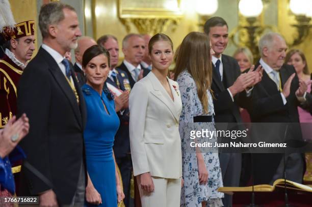 King Felipe VI of Spain, Queen Letizia of Spain, Crown Princess Leonor of Spain and Princess Sofia of Spain arrive for the ceremony of Crown Princess...