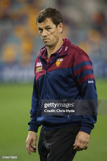 Interim Lions coach Mark Harvey looks on before the start of the round 21 AFL match between the Brisbane Lions and the Greater Western Sydney Giants...