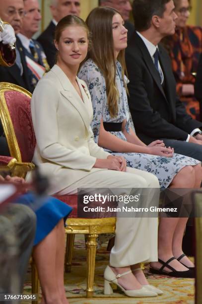 Crown Princess Leonor of Spain and Princess Sofia of Spain listen during the ceremony of Crown Princess Leonor swearing allegiance to the Spanish...