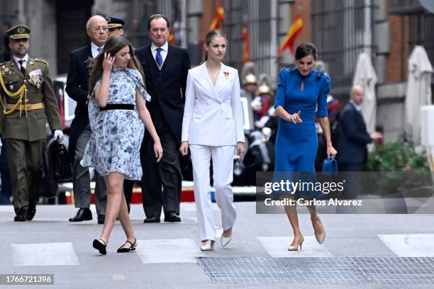 Princess Sofia of Spain, Crown Princess Leonor of Spain and Queen Letizia of Spain arrive for the ceremony of Crown Princess Leonor swearing...