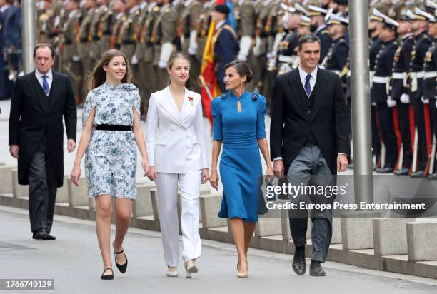 Infanta Sofia, Princess Leonor, Queen Letizia and the acting Prime Minister, Pedro Sanchez, during the swearing-in ceremony of the Constitution...