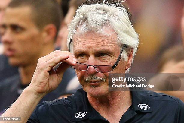 Blues coach Michael Malthouse looks ahead during the round 21 AFL match between the Richmond Tigers and the Carlton Blues at Melbourne Cricket Ground...