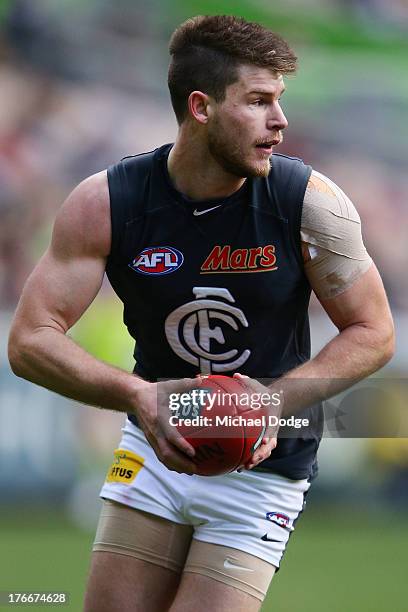 Bryce Gibbs of the Blues looks ahead during the round 21 AFL match between the Richmond Tigers and the Carlton Blues at Melbourne Cricket Ground on...