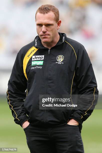 Tigers assistant coach Justin Leppitsch looks ahead during the round 21 AFL match between the Richmond Tigers and the Carlton Blues at Melbourne...