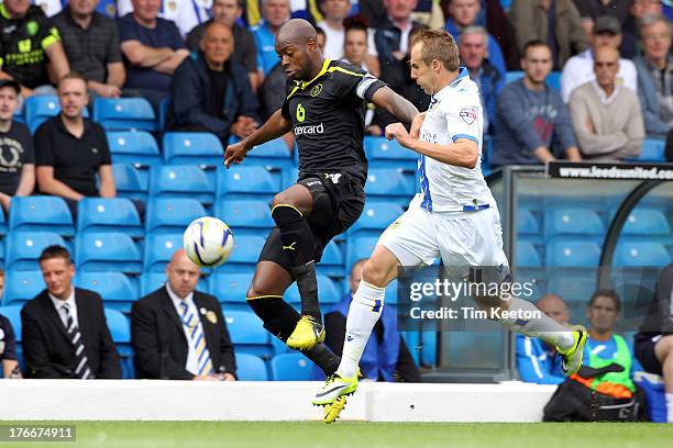 Sheffield Wednesday's Anthony Gardner holds off Leeds United's Luke Varney during the Sky Bet Championship match between Leeds United and Sheffield...