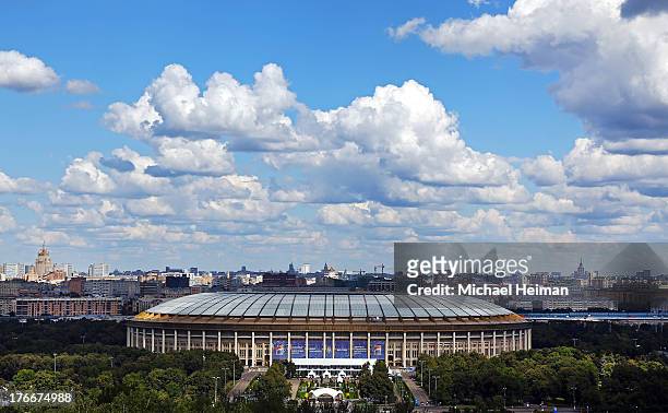 Luzhniki Stadium and the Moscow skyline are seen from Lenin Hill on the campus of Lomonosov Moscow State University on August 17, 2013 in Moscow,...