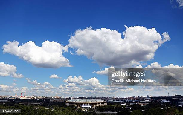 Luzhniki Stadium and the Moscow skyline are seen from Lenin Hill on the campus of Lomonosov Moscow State University on August 17, 2013 in Moscow,...