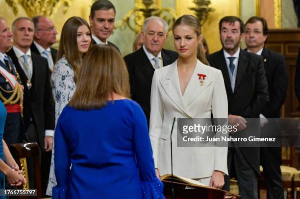 Crown Princess Leonor swears allegiance to the Spanish constitution at the Spanish Parliament on the day of her 18th birthday on October 31, 2023 in...