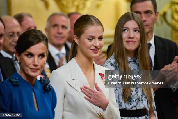 Crown Princess Leonor reacts after swearing allegiance to the Spanish constitution at the Spanish Parliament on the day of her 18th birthday on...