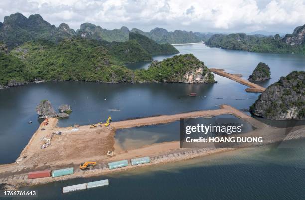 This aerial photo taken on November 4, 2023 shows the construction site of a residential and hotel complex near Ha Long Bay in Vietnam's Quang Ninh...