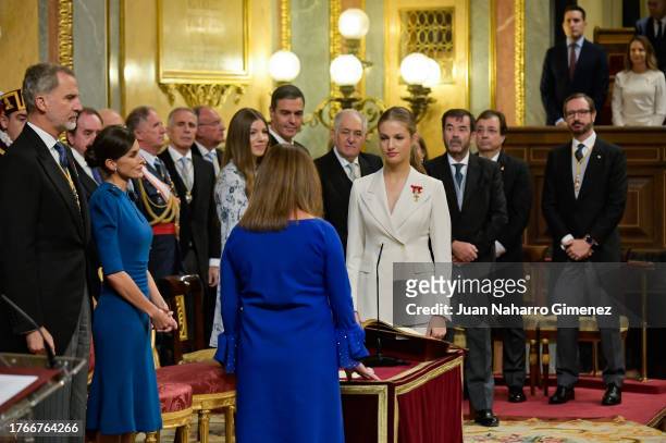 Crown Princess Leonor swears allegiance to the Spanish constitution at the Spanish Parliament on the day of her 18th birthday on October 31, 2023 in...