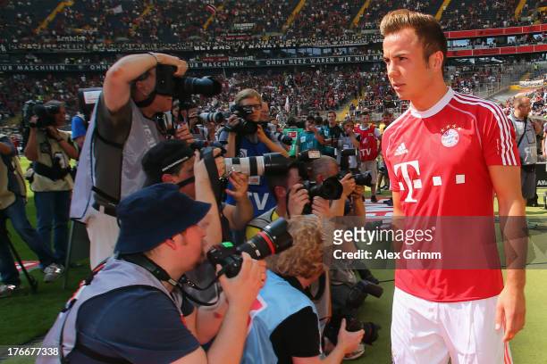 Mario Goetze of Muenchen arrives for the Bundesliga match between Eintracht Frankfurt and FC Bayern Muenchen at Commerzbank Arena on August 17, 2013...