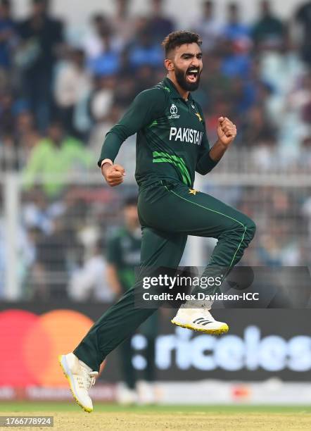 Usama Mir of Pakistan celebrates the wicket of Towhid Hridoy of Bangladesh during the ICC Men's Cricket World Cup India 2023 between Pakistan and...