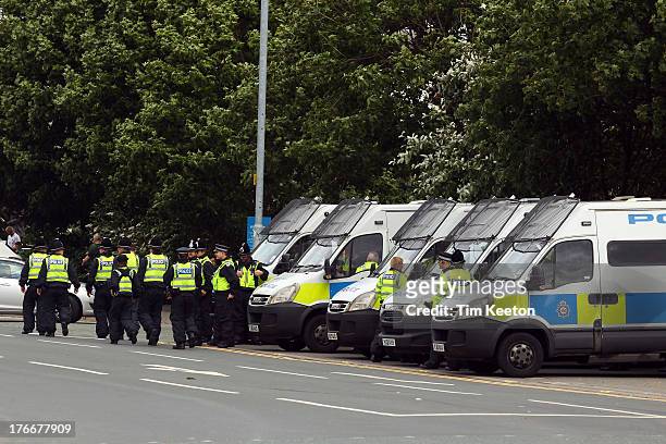Yorkshire Police are seen during the Sky Bet Championship match between Leeds United and Sheffield Wednesday at Elland Road on August 17, 2013 in...