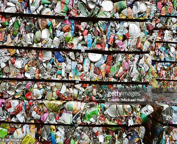 squashed cans at recycling yard - garbage dump bildbanksfoton och bilder