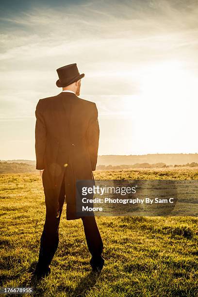 man dressed in top and tails in a field - tail coat stock pictures, royalty-free photos & images